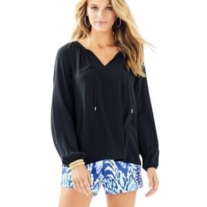 Lilly Pulitzer Saria Blue 100% Silk Tassel Blouse Shirt Top Size XL